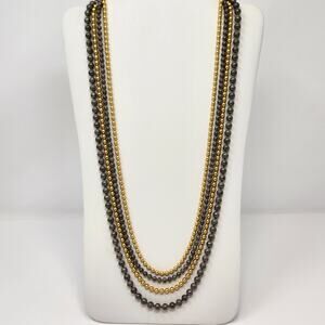 Georgiou Multi Strand Gold Dark Gray Glass Bead Necklace Layered Vintage Hook